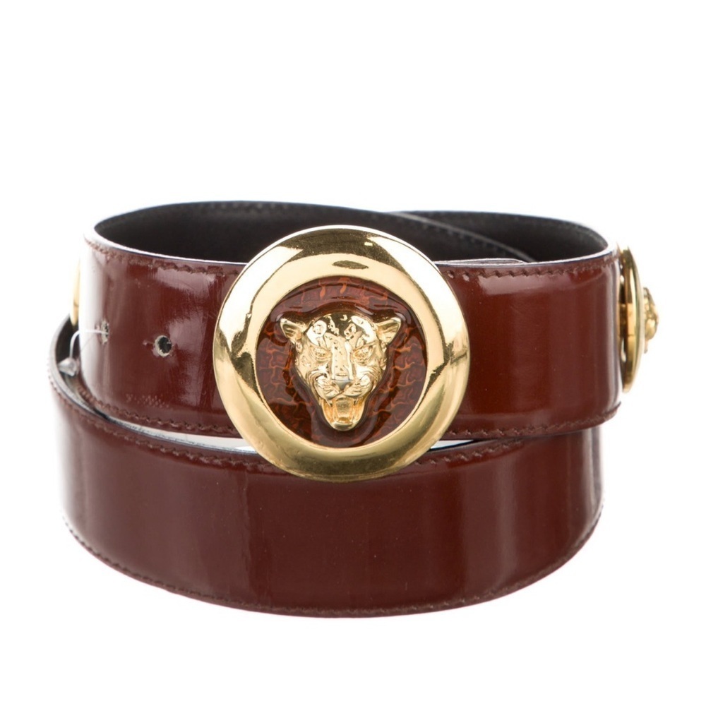 Vintage Escada Tiger Head Belt Brown Patent Leather Gold Medallion sz 38